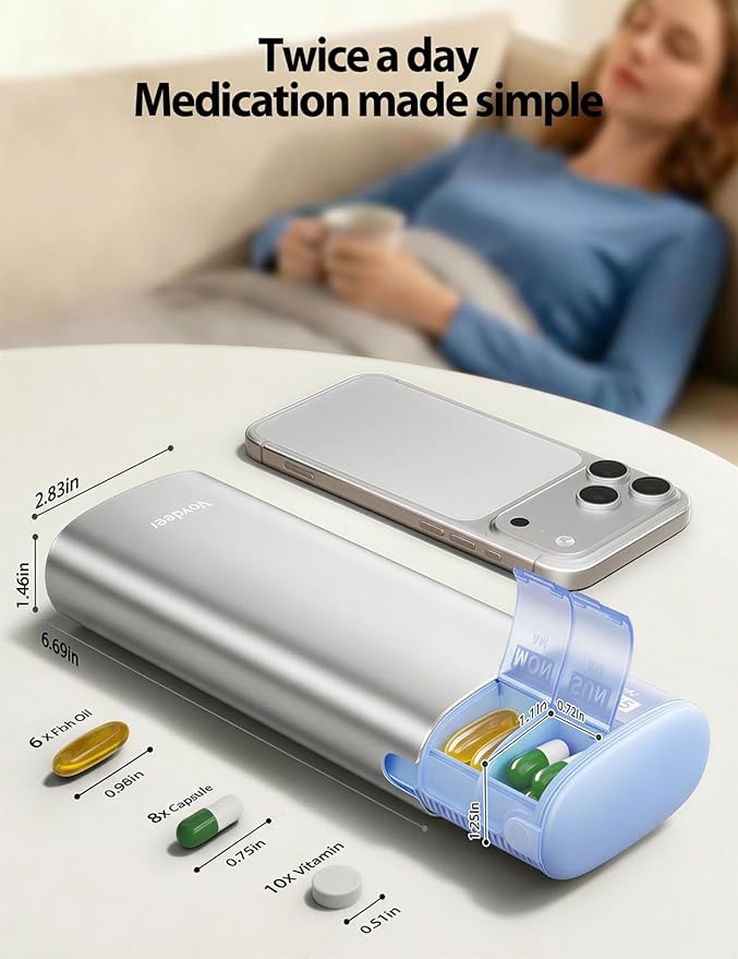 Vaydeer Metal 7 Day Pill Organizer 2 Times a Day – AM PM Weekly Travel Pill Case with Moisture-Proof Desiccant, Airtight Large Capacity Pill Box for Vitamins, Medications & Supplements (Silver)