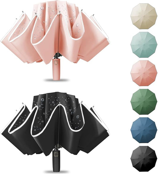Fogkey Large Windproof Travel Umbrella - Reverse Auto Folding Car Umbrella for Rain and Sun, Compact Inverted Design with Waterproof Canopy, 10 Durable Ribs, Fits Backpack, Portable for Women & Men