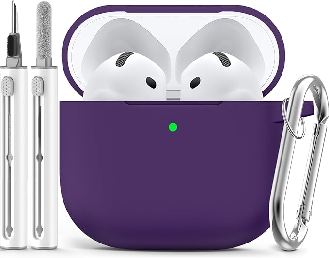 Ljusmicker for AirPods 4 Case 2024 with Cleaner Kit,Soft Silicone Protective Cover for Apple AirPods 4th Generation Cases for Women Men,for AirPod 4 Case Accessories with Keychain-Dark Purple
