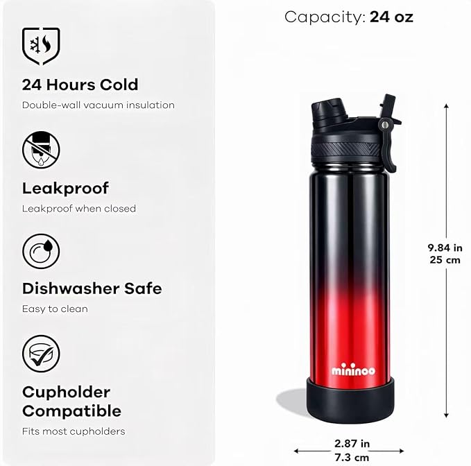 mininoo 24 oz Insulated Water Bottle with 2-in-1 Straw & Spout Lid, BPA-Free & Leak-Proof, Stainless Steel Water Bottle for Sports, Travel, and School, Crimson Black