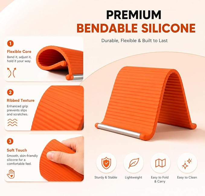 Portable Foldable Silicone Aluminum Phone Holder, 2026 New Flexible Silicone Aluminum Phone Holder, Folded into Any Shape, Universal Adjustable Anti-Slip Desktop Mount for Home Office Travel (Orange)