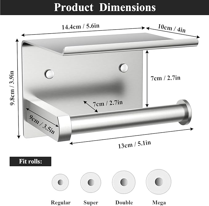 Tindbea Heavy Duty Toilet Paper Holder with Shelf, Adhesive or Screw Wall Mount Toilet Tissue Roll Holder, Rustproof & Multifunctional Stainless Steel Bathroom Storage Dispenser (Brushed Nickel)