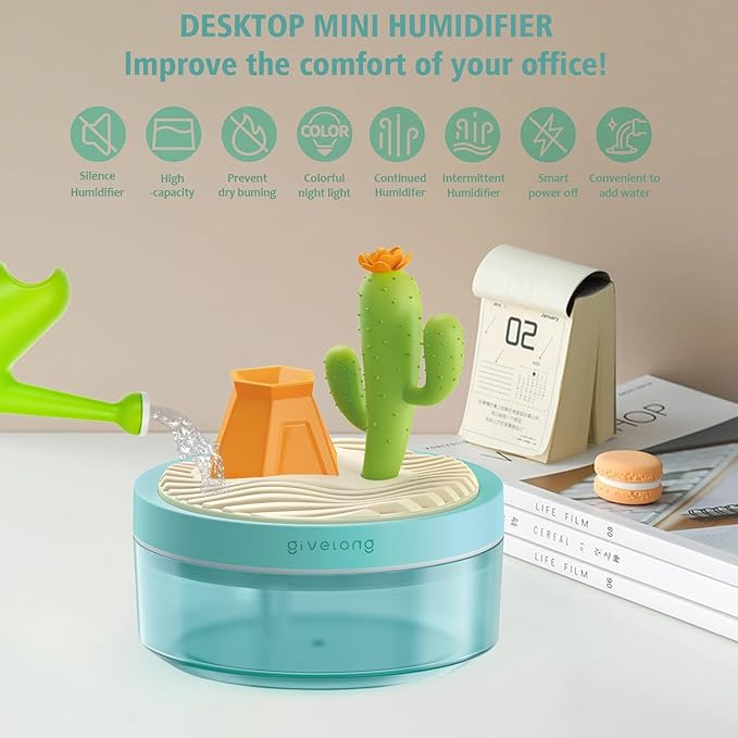 PRATIQUE Mini Portable Desktop Humidifiers for Bedroom,Small Humidifier with Cactus Landscape,Quiet,Cool Mist, Auto Off,7 Colors Night Light,320ml Air Humidifier Home Office Travel (GREEN)