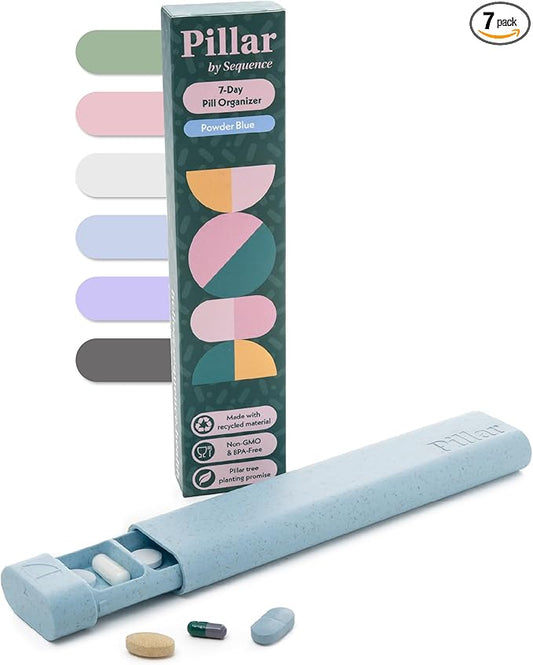 Pillar - 7-Day Pill Organizer | Weekly Medicine Pill Container Travel Box - Aesthetic Medication Holder - Stylish Travel Pill Case - Cute Small Medication Organizer 7 Day for Women (Powder Blue)