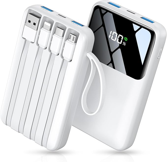 HELLEE Power Bank, 15000mAh Portable Charger with Built in Cable, 22.5W Fast Charging, 6 Outputs, Slim Travel Essential Battery Pack with LED Display, Compatible with iPhone 17/16/15/14/13, iPad White
