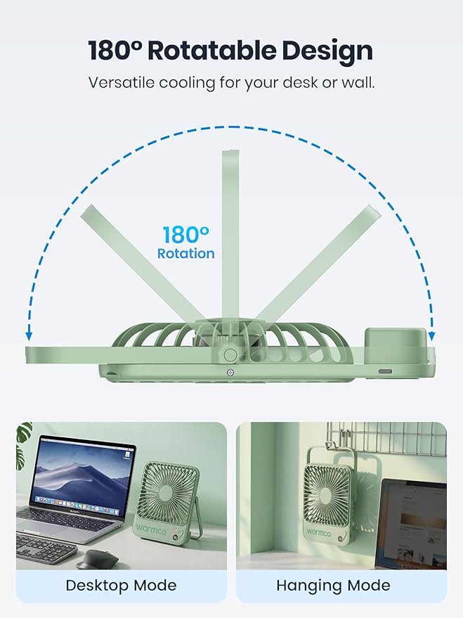 Warmco 10000mAh Portable Travel Fan 7-inch, Up to 24H Runtime, Ultra-thin Quiet Rechargeable Battery Operated Desk Fan with Digital Display for Camping, Office, Bedroom, Cruise Essentials