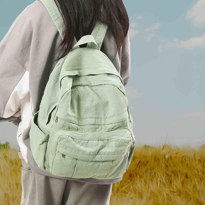 Sage Green Canvas Backpack for Women Retro Aesthetic Rucksack Basic Backpack for High School/College Students Travel Laptop Bag