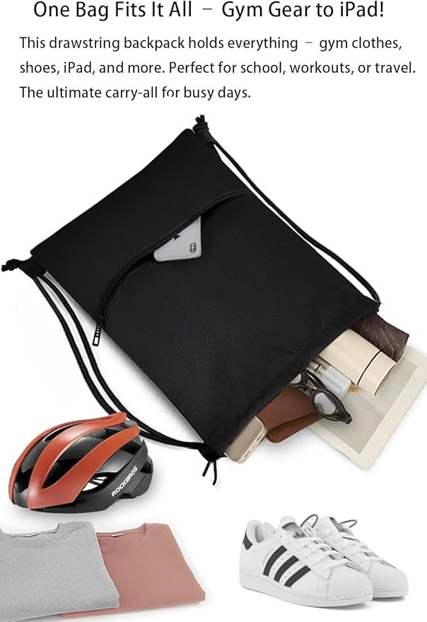 Water-Resistant String Bag for Women Men with Shoes Compartment and Zippered Pocket for Soccer, Basketball, Swim (Black, 16.5 * 19 inches)