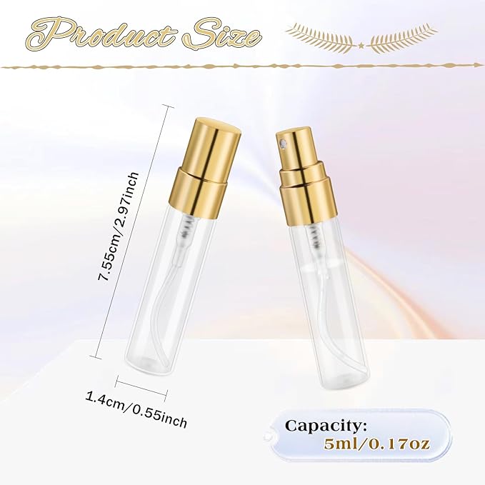 30 Pcs 5ml/0.17oz Mini Spray Bottle Glass Fine Mist Perfume Atomizer Empty Sample Containers with Golden Lids for Travel Cleaning Essential Oils