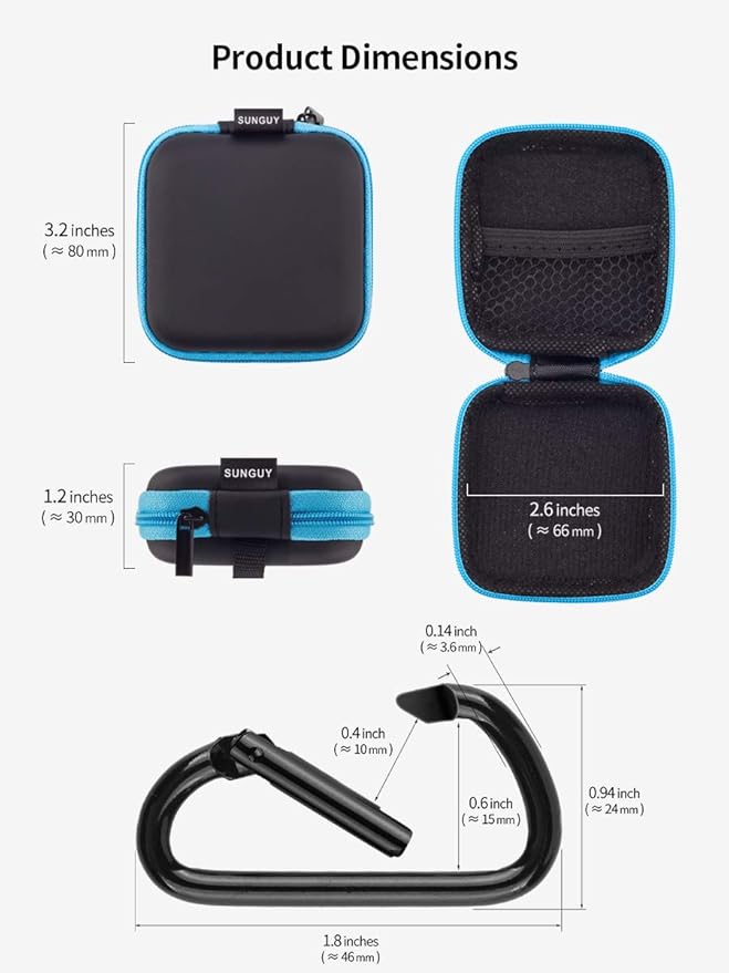 SUNGUY [2-Pack Earbud Case, Portable Square Earphone Carrying Cases with 2 Carabiners for Earphones, Earbuds, Earpieces, SD Memory Card, Camera Chips - Red+ Blue