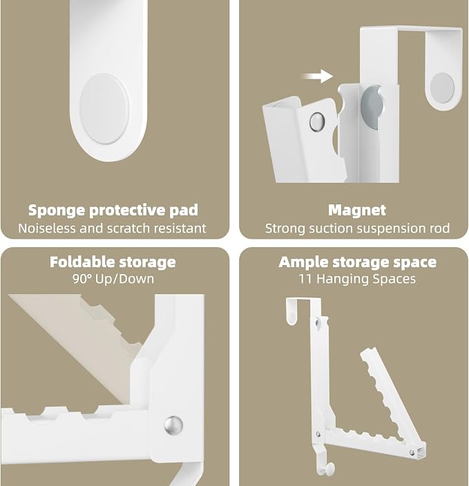 BAKON Heavy Duty Over the Door Hooks with 10 Ridges,Compact Double Folding Over the Door Hanger for Bathroom Bedroom Laundry, Over Door Drying Rack, Space Saving Over Door Hanger, Rustproof (1, White)