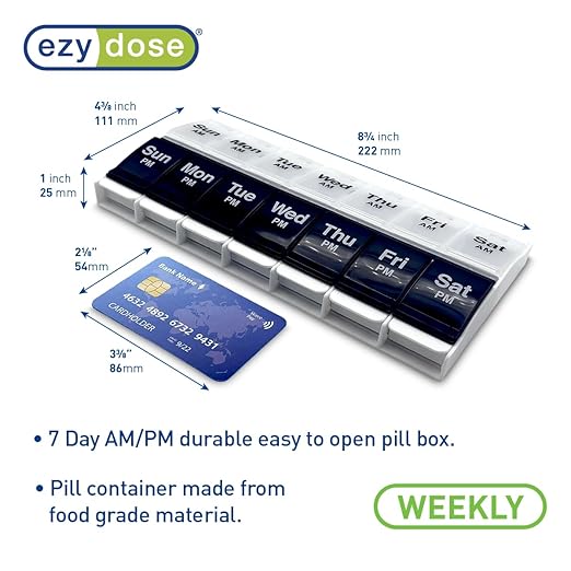 EZY DOSE Push Button (7-Day) Pill Case, Medicine Planner, Vitamin Organizer, 2 Times a Day AM/PM Container, X-Large Compartments, Arthritis Friendly, Effortless Open, Clear Lids, Blue/White, BPA Free