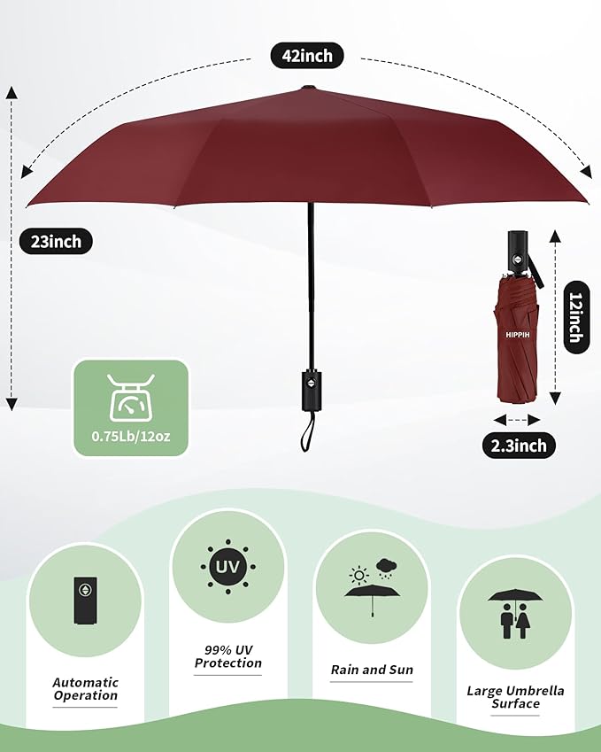 HIPPIH Compact Travel Umbrella for Rain - Windproof Automatic Umbrellas, UV Umbrella for Sun Protection with Black Anti-UV Coating, Portable Small Umbrellas for Backpack, Car, Walking, Kids, Women