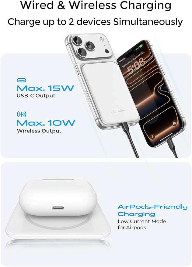 Aobbow Magnetic Portable Charger, 50% Smaller & Slimmer 5000mAh Power Bank with LED Display, 15W Fast Charging Battery Pack, Travel Essential MagSafe Compatible Charger for iPhone 17/16/15 - White