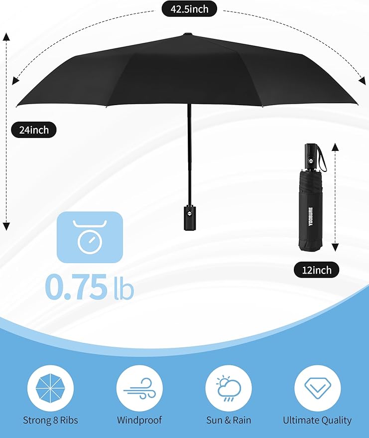Yoobure Compact Travel Umbrella - Windproof Umbrellas for Rain, Small Portable UV Umbrella for Sun Protection, Folding Automatic Umbrellas in Lightweight for Car, Backpack, Walking, Kids, Women