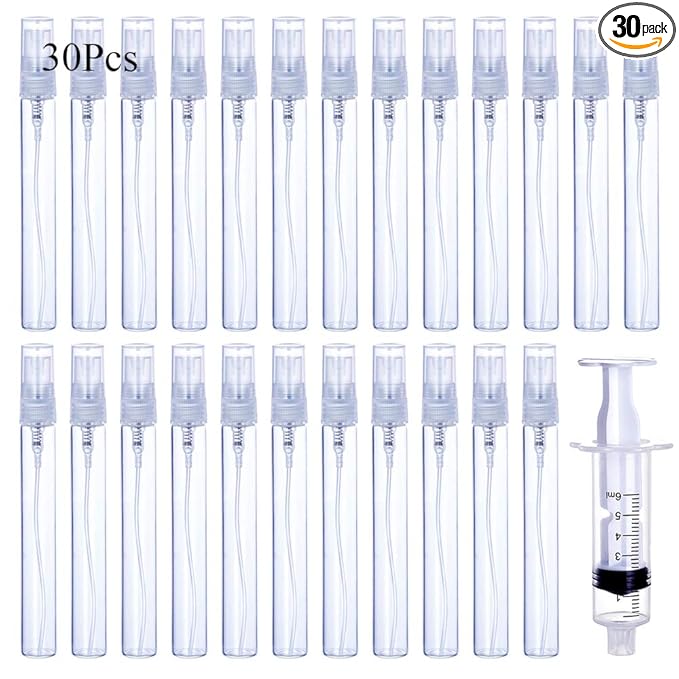 30Pcs 10ml/0.34 Oz Portable Refillable Clear Glass Empty Sprayer Perfume Bottles Cosmetic Atomizers Spray Bottle Container for Travel Party Must Makeup Tool (30Pcs 10ml Clear Glass Perfume Bottles)