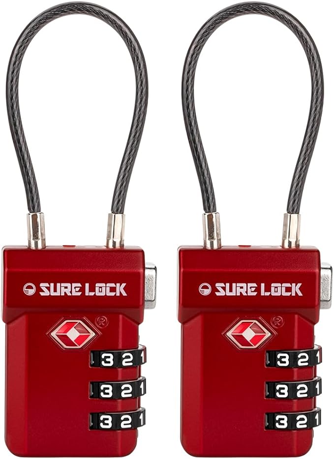 SURE LOCK TSA Approved Luggage Locks with Open Alert Indicator, 3 Digit Combination Cable Travel Lock for Suitcase, Backpack, Gym Locker, Toolbox, Carry On & Travel Bag