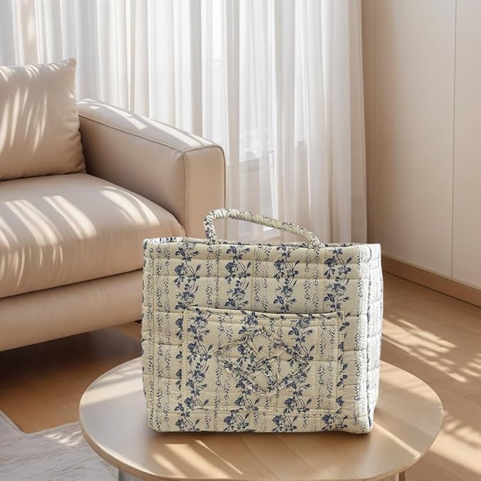 Floral Fabric Storage Basket Car Interior Storage Basket Underwear Sundries Laundry Baskets Supplies Home Organizer Bag (Vine Blue)