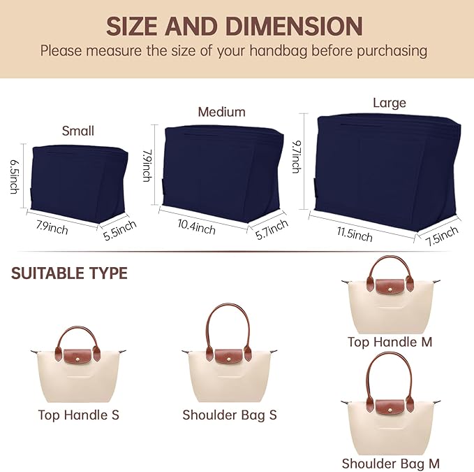 OPPOSHE Purse Organizer Insert for Longchamp Le Pliage, Premium Felt Long Champ Bag Handbag Women, Tote Organizer Insert with 6 Compartments (Small, Navy)