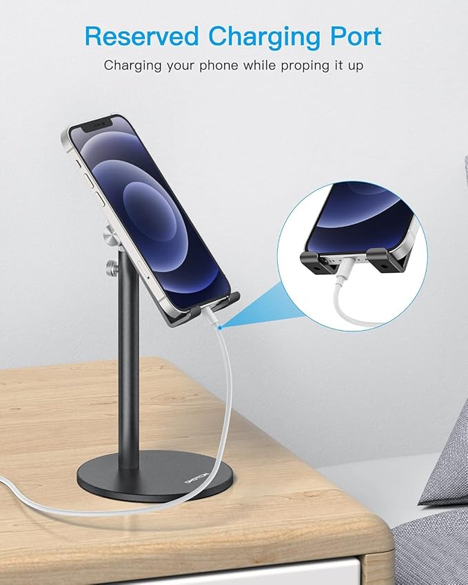 OMOTON Cell Phone Stand, Angle Height Adjustable Phone Stand, Aluminum Desktop Phone Holder Dock Stand for Desk, Compatible with iPhone Air/17 Pro Max/, All Smartphones and Tablets(4-11''), Black