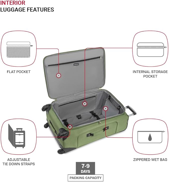 SWISSGEAR Sion Softside Expandable Spinner Luggage Durable Lightweight Travel Suitcase, Evergreen, Checked-Large