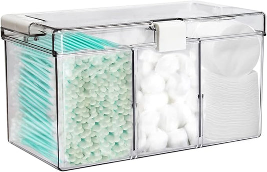 KIMCHOMERSE Large Qtip Holder, Cosmetic Organizer with Carry Handle, Adjustable 3 Compartments Qtip Dispenser for Swabs, Cotton Pads, Small Items Storage Organizer for Desktops and Drawers - Clear
