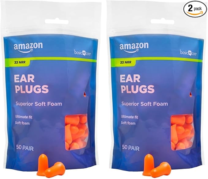 Amazon Basic Care Soft Foam Noise Cancelling Earplugs for Concerts, Hearing Protection,(50 Pairs) (Pack of 2)