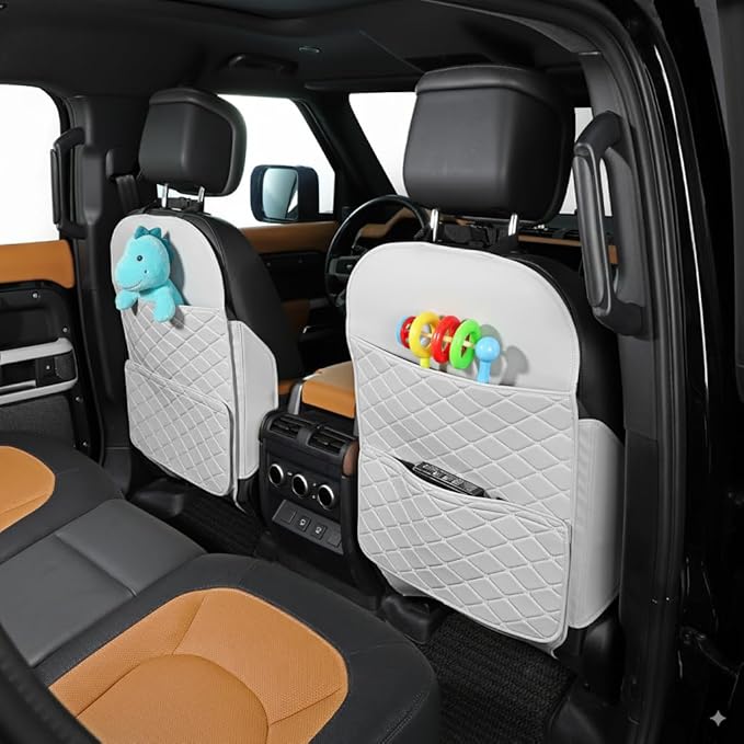 TAIKOO Seat Back Protector + Large Capacity Pocket Storage Organizer,Protects car seats from being stepped,2 Pack Kick Mats.(Cream White)