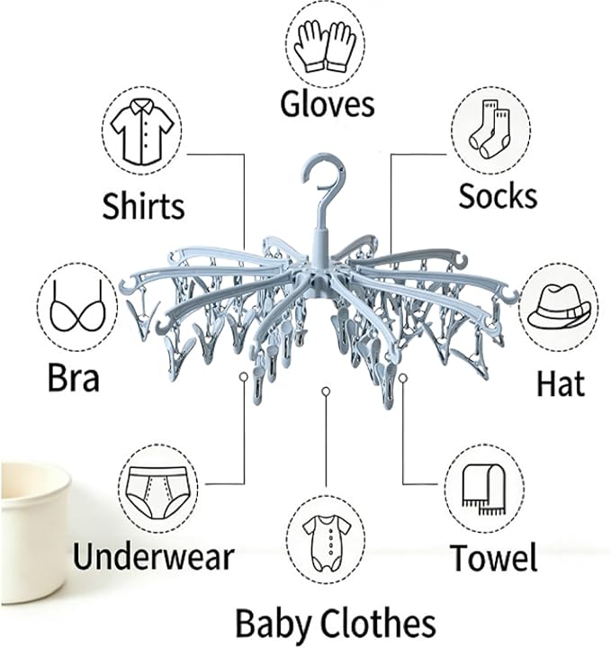 Foldable Drying Rack with 40 Clips for Drying Socks Lingerie Baby Clothes Drying Towels Rotatable Sock Drying Rack (Blue)