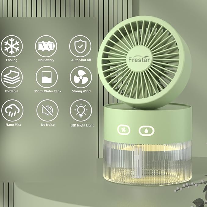 Personal Cooling Fan and Small Air Humidifier 350ml with LED Night Light, Desktop USB Charging 3 in 1 for Office and Small Room, No Battery, Green