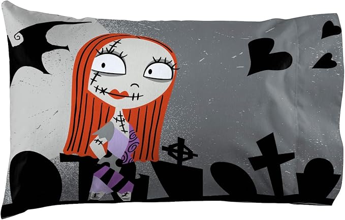 Jay Franco Disney Nightmare Before Christmas Grave Yard 1 Pack Reversible Pillowcase Featuring Jack Skellington and Sally - Kids Super Soft Bedding