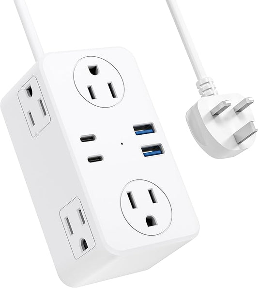 Kakyanill UK Adapters for Travel, US to UK Plug Adapter, 6 AC Outlets, 4 USB Ports (2 USB C), 3ft Wrapped Around Extension Cord, Type G Plug Adapter, for UK Ireland Hong Kong Travel