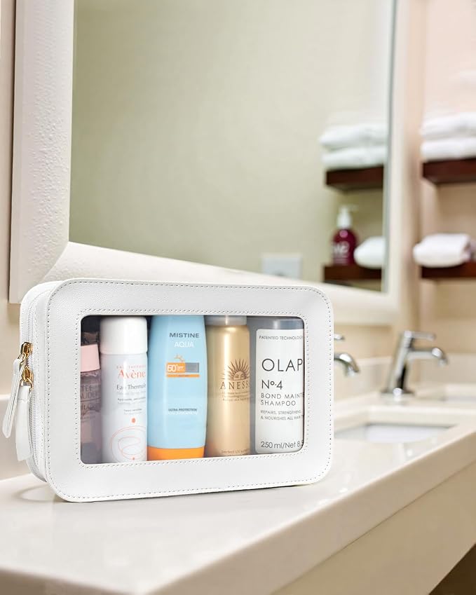 LETGO Clear Toiletry Bag,Portable Travel Makeup Pouch with Zipper, TSA Approved Organizer Sunscreen Bag Clear Makeup Toiletry Pouch Beach Vacation Essentials for Women Teen Girls (White)