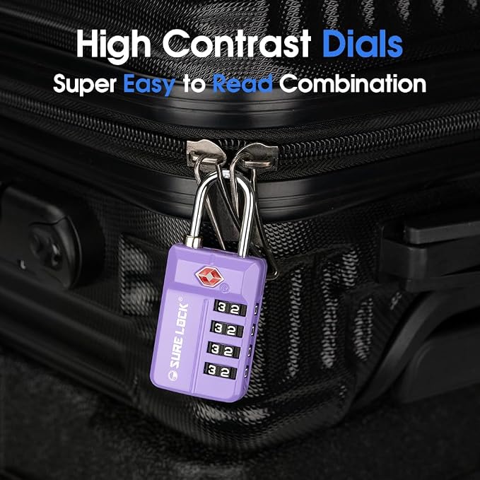SURE LOCK TSA-Approved 4-Digit Resettable Combination Luggage Lock with Open Alert, Easy-Read Dials - for Luggage, School Lockers, Gym, Office, Toolbox & Security Cases (Purple 2 Pack)