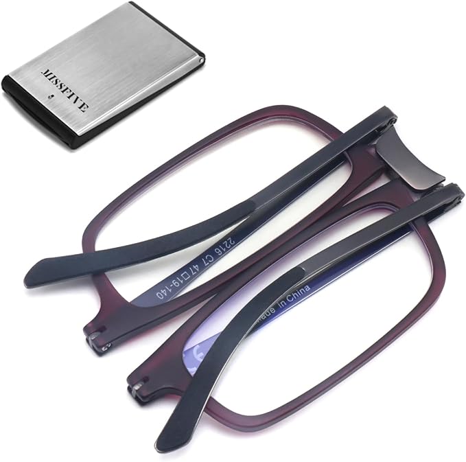 Missfive Premium Folding Reading Glasses Blue Light Blocking for Men Women, Ultra Thin Foldable Portable Travel Readers with Durable Pocket Metal Case, Dark Purple Compact Eyewear2.5x