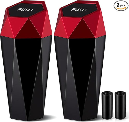 JUSTTOP Car Trash Can with Lid, Easy to Clean, Diamond Design Small Automatic Portable Trash Can, Used in Car Home Office Interior Accessories, 2PCS (Red)
