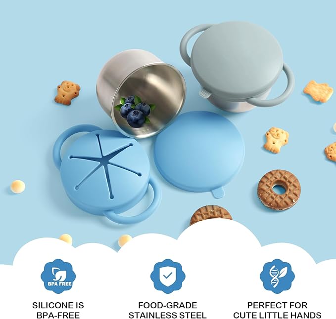 Daximo 2 Pack Snack Cups for Toddlers Spill Proof - Detachable Stainless Steel Toddler Snack Cups with Silicone Lids & Handles - Dishwasher Safe Snack Container(Matte Blue and Matte Green)