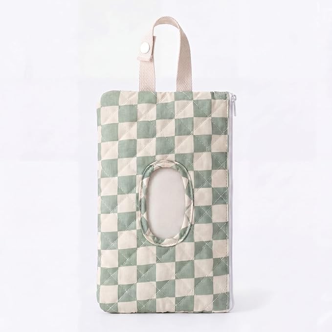 Quilted Green Plaid Baby Wipe Holder Fabric Wipes Organizer Bag with Handle Portable Wet Wipes Pouch for Baby Travel Home Car Stroller