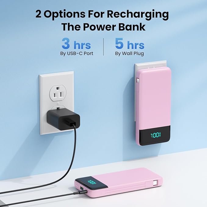 Portable Charger for iPhone with Built in Cables and Wall Plug,Upgraded 13800mAh Fast Charging USB C Power Bank,4 Outputs Travel Essential Battery Pack Compatible with iPhone 17/16/15/14,Galaxy-Pink