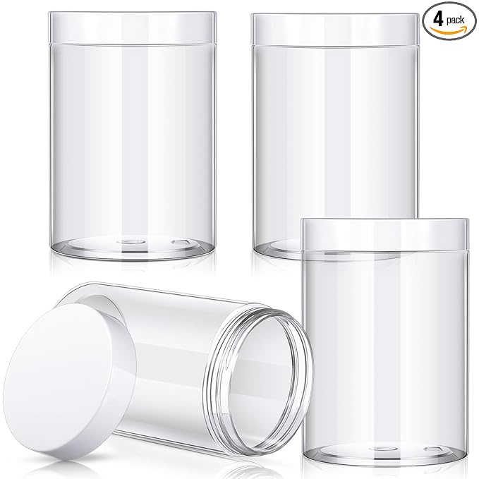 Patelai 4 Pieces Round Wide-mouth Leak Proof Plastic Container Jars with Lids for Travel Storage Makeup Beauty Products Face Creams Oils Salves Ointments DIY Making(12 Ounce,White)
