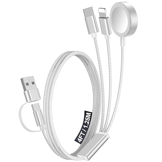 1Pack Multi Charging Cable Cord for Travel Essentials,Apple Watch Charger,iPhone Charger,[3-in-2] Type C/LCable Portable Designed for iWatch,iPhone 17-8,Galaxy S25-21,AirPods,iPad-4FT White