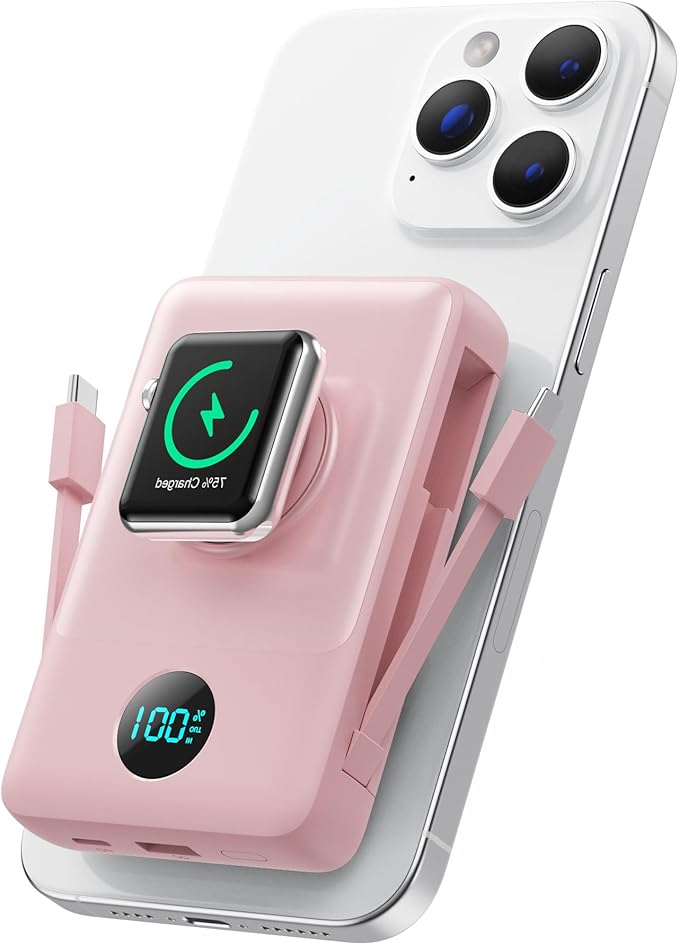 Ekrist Magnetic Portable Charger for MagSafe with Built-in Cable,iWatch Charger,Wireless Power Bank Travel Essentials,25W Fast Charging Battery Pack for iPhone 17/16/15,Apple Watch(Pink,10800mAh)