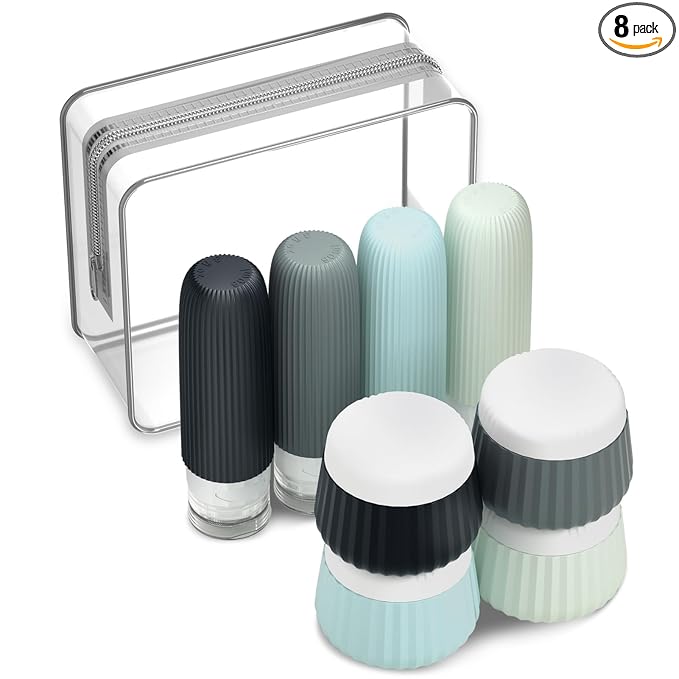 Mrsdry Travel Bottles 8 Pack, TSA Approved 3 oz Toiletries Containers, Leak Proof Silicone Squeezable Essentials Jars with Clear Bag