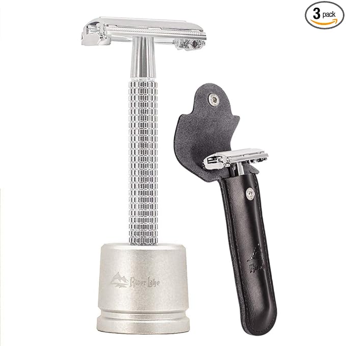Safety Razor/shaver/shaving tool/Butterfly men's razor Kit, Chrome Long Handle Butterfly Open Double Edge Safety Razor Men's Shaver (1 Razor, 1 H3 Razor Stand and 1pc Genuine Leather Case)