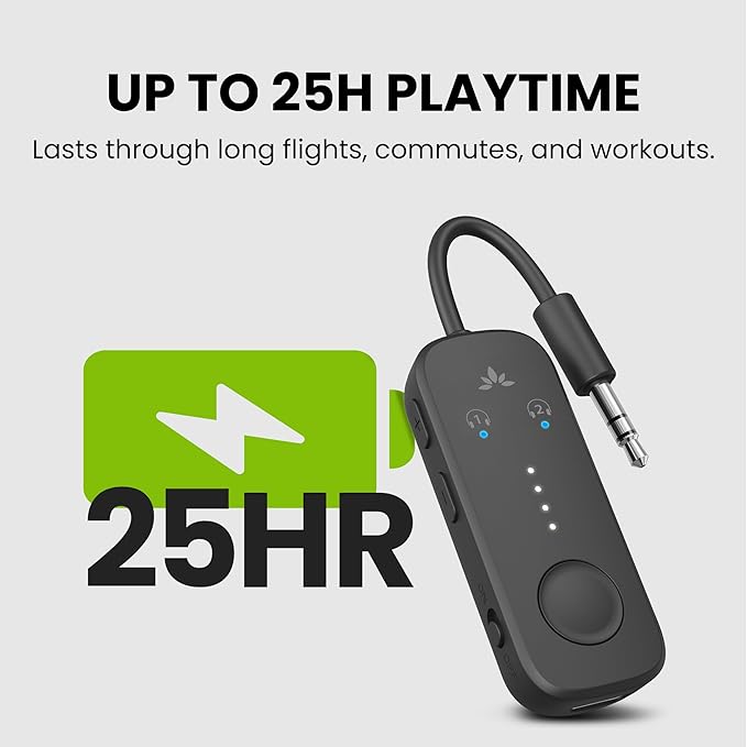 Avantree Relay – Airplane Bluetooth Adapter for AirPods, Bose & Wireless Headphones, Qualcomm Chip, aptX Adaptive & HD Audio Transmitter, 25Hrs Battery, 3.5mm AUX for Flight, Travel & Gym