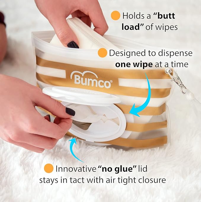BUMCO Airtight Wipes Dispenser, Keeps Wet, Reusable Refillable Pouch, Diaper Bag Organizer for Travel, Carrying Clutch, Unique Baby Gift for Girl Boy [Gold]