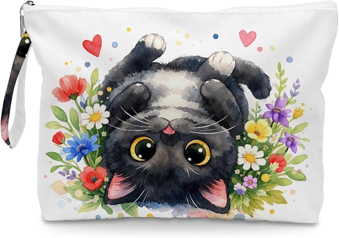 Fokongna Black Cat Print Wet Bag, Small Portable Waterproof Multi-Functional Organizer for Women,Multicolor Floral Heart Black Cat，Ideal for Daily, Beach & Travel