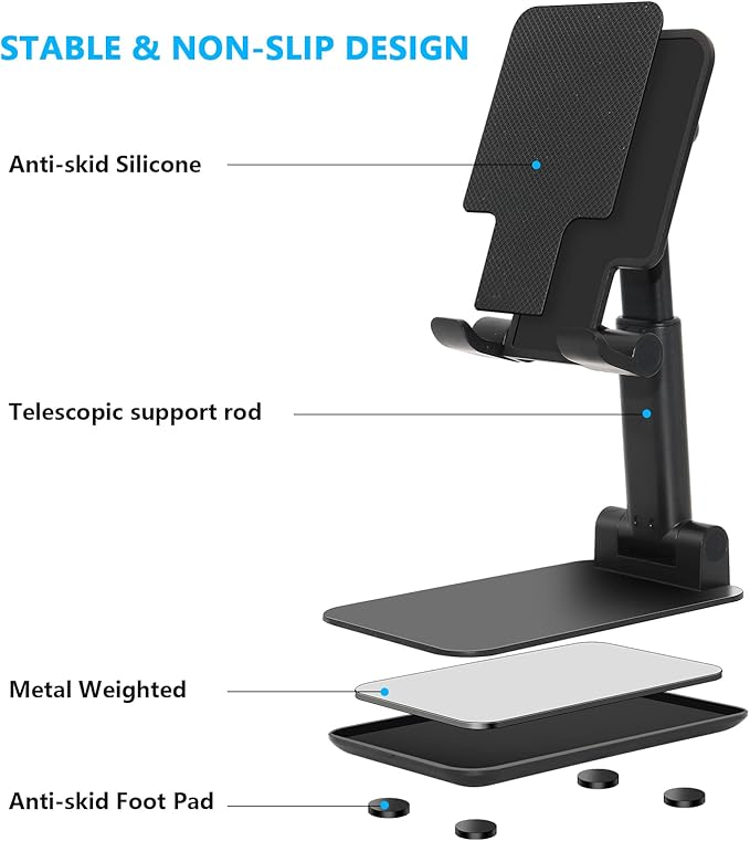 2 Pcs Folding Cell Phone Stand, Fully Adjustable Angle Height Phone Stand for Desk, Foldable/Portable Desktop Phone Holder Compatible with All Phone 14 13 12 11 Smartphones (Black and Black)