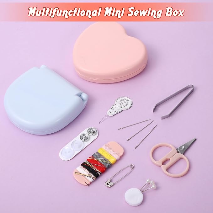 2 Pcs Travel Sewing Kit Mini Sewing Kit Portable Handheld Machine Travel Size Professional Portable Needle and Thread Kits Mini Heart Shaped Essentials Materials with Scissors, Threads, Needles