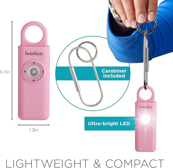 Ivation Personal Rechargeable SOS Alarm, Pocket Size Loud 130dB Sound Safety Siren & LED Panic Strobe Light with Carabiner Keychain Clip for Women, Children & Seniors, Pink